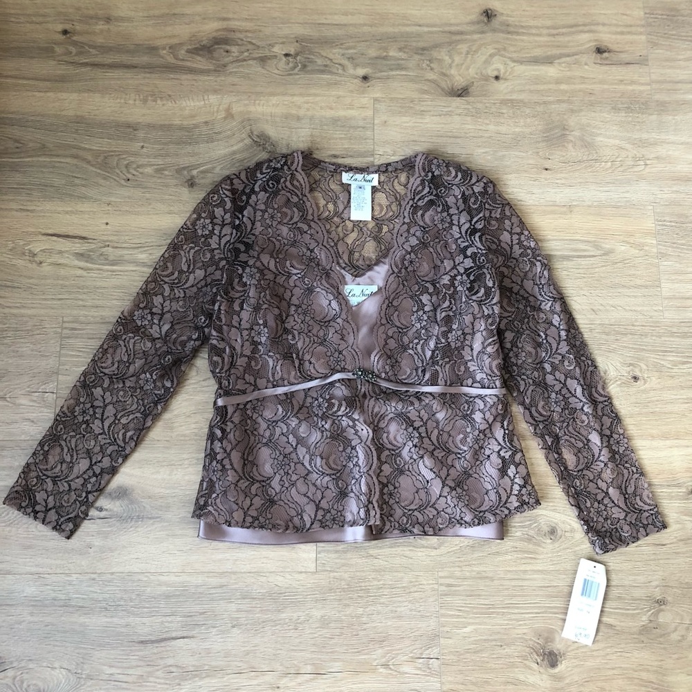 NWT La Nuit 2 Piece Formal Lace Top Mocha Womens Size 14